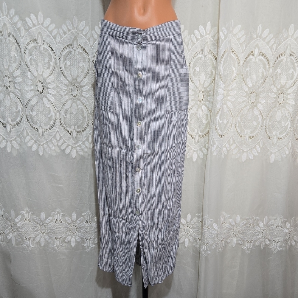 Striped Button-Front Midi Skirt - Blue/White